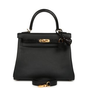 Hermes Kelly Retourne 25 Black Swift and Varanus Niloticus Lizard Touch Gold Hardware