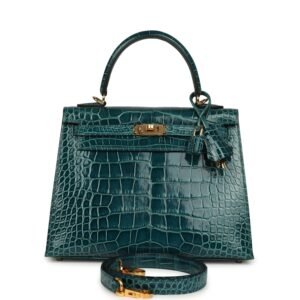 Hermes Kelly Sellier 25 Vert Bosphore Shiny Alligator Gold Hardware