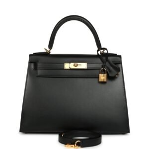 Hermes Kelly Sellier 28 Black Tadelakt Gold Hardware