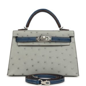 Hermes Special Order (HSS) Kelly Sellier 20 Bleu Glacier, Bleu Fonce Ostrich Palladium Hardware