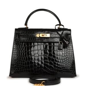 Vintage Hermes Kelly Sellier 28 Black Shiny Alligator Gold Hardware