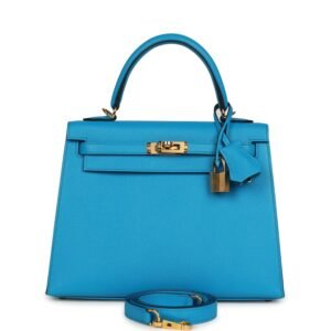 Hermes Kelly Sellier 25 Bleu Frida Epsom Gold Hardware