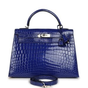 Hermes Kelly Sellier 32 Bleu Electric Shiny Niloticus Crocodile Palladium Hardware