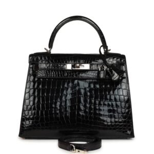 Hermes Kelly Sellier 28 Black Shiny Niloticus Crocodile Palladium Hardware