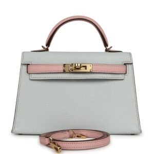 Hermes Special Order (HSS) Kelly Sellier 20 Bleu Brume, Rose Sakura Chevre Permabrass Hardware