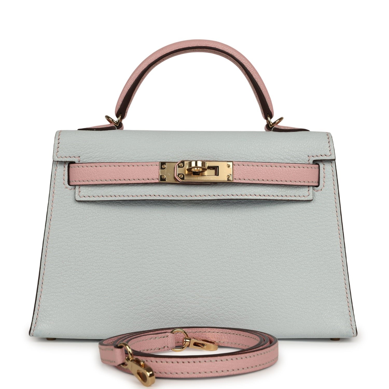 Hermes Special Order (HSS) Kelly Sellier 20 Bleu Brume, Rose Sakura Chevre Permabrass Hardware
