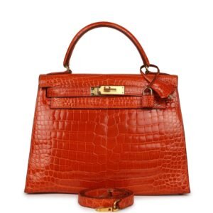 Vintage Hermes Kelly Sellier 28 Orange Shiny Porous Crocodile Gold Hardware