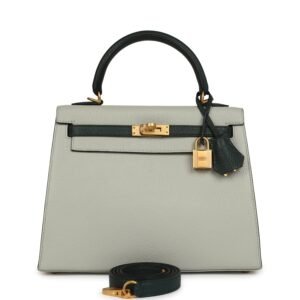 Hermes Special Order (HSS) Kelly Sellier 25 Gris Perle, Vert Titien Chevre Mysore Brushed Gold Hardware