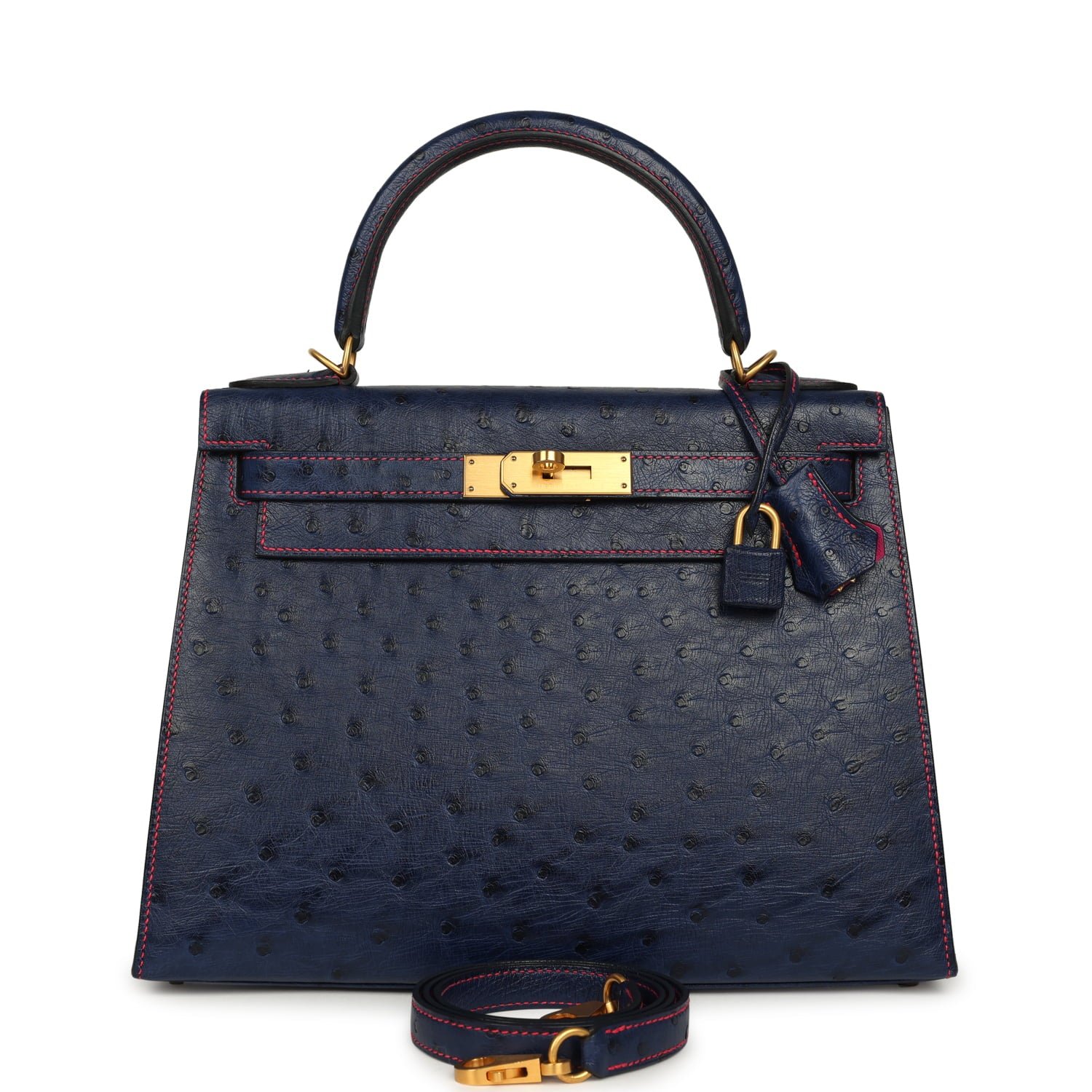 Hermes Special Order (HSS) Kelly Sellier 28 Bleu Iris Verso Ostrich Brushed Gold Hardware
