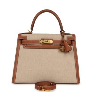 Hermes Kelly Sellier 28 Gold, Ecru, Beige Toile H Canvas Swift Gold Hardware