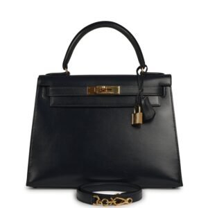 Vintage Hermes Kelly Sellier 28 Bleu Navy Box Gold Hardware