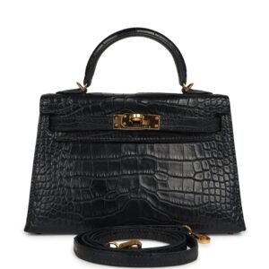 Hermes Kelly Sellier 20 Bleu Nuit Matte Alligator Gold Hardware