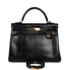 Vintage Hermes Kelly Retourne 32 Black Box Gold Hardware (MAC-H-K-260714-2)