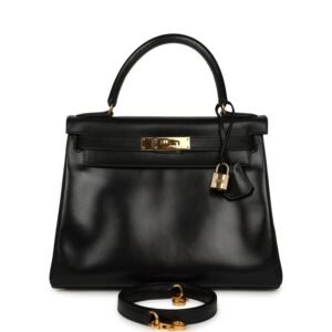 Vintage Hermes Kelly Retourne 28 Black Box Gold Hardware