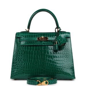 Hermes Kelly Sellier 25 Emerald Shiny Porosus Crocodile Gold Hardware