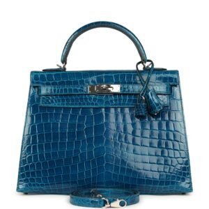 Hermes Kelly Sellier 32 Bleu Izmir Shiny Niloticus Crocodile Palladium Hardware