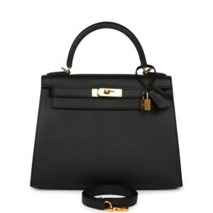 Hermes Kelly Sellier 28 Black Epsom Gold Hardware
