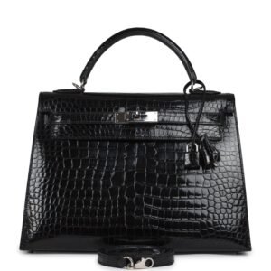 Vintage Hermes Kelly Sellier 32 Black Shiny Porosus Crocodile Palladium Hardware