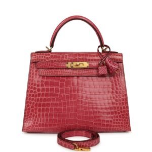 Hermes Kelly Sellier 28 Fuchsia Shiny Porosus Crocodile Gold Hardware