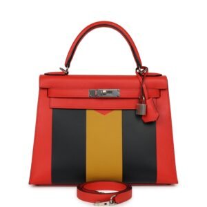 Hermes Kellygraphie Kelly Sellier 28 "Lettre M" Capucine, Bleu Obscur, Jaune Ambre Epsom, Sombrero, Chevre Mysore Palladium Hardware