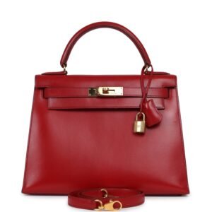 Vintage Hermes Kelly 28 Sellier Rouge Vif Tadelakt Gold Hardware