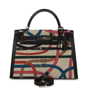 Hermes Kelly Sellier 32 Ficelle-Multicolor Toile De Camp Cavalcadour and Black Swift Palladium Hardware