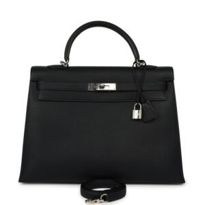 Vintage Hermes Kelly Sellier 35 Bleu Indigo Fjord Palladium Hardware