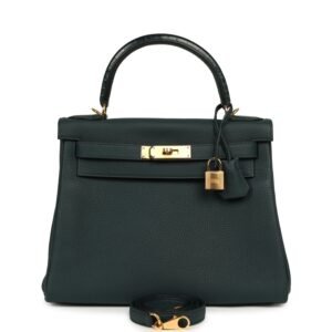 Hermes Kelly Retourne 28 Vert Cypress Togo, Matte Alligator Touch Gold Hardware