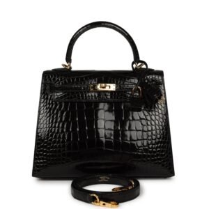 Hermes Kelly Sellier 25 Black Shiny Alligator Gold Hardware