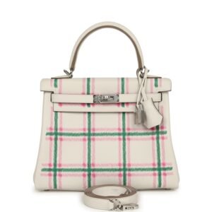 Hermes Kelly Retourne 25 "Tartan Light" Gris Pale, Vert Moyen, Bubblegum Swift Palladium Hardware