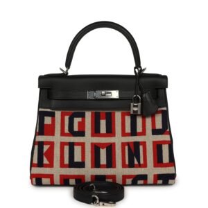 Hermes "Lettres Au Carre" Kelly Retourne 28 Black Swift and Ecru, Capucine, Bleu Indigo Toile De Camp Palladium Hardware