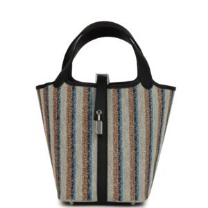 Hermes Stripe Picotin Lock 18 Black Swift and Ecru, Bleu, Black and Fauve Toile H Canvas Palladium Hardware