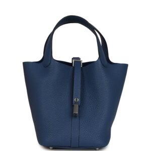 Hermes Picotin Lock 18 Bleu Tie Clemence Palladium Hardware