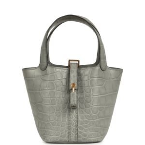 Hermes Micro Picotin Lock 14 Gris Ciment Matte Alligator Gold Hardware