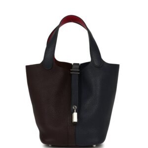 Hermes Picotin 18 Casaque Bleu Nuit, Rouge Sellier, Framboise Clemence Palladium Hardware